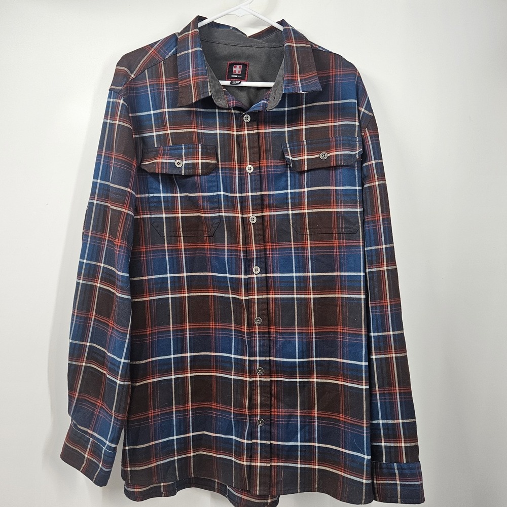 Swiss Tech Men's 2XL Casual Shirt featuring a blue, red, and brown plaid patter